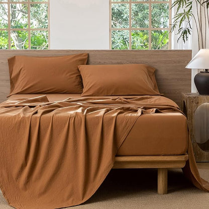 MooMee Bedding Sheet Set 100% Washed Cotton Linen Like Textured Breathable Durable Soft Comfy (Solid Dark Orange, Full)