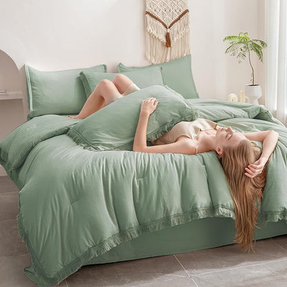 Andency Queen Comforter Set with Sheets Sage Green -7 Pieces Boho Tassel Bed in a Bag Soft Lightweight Bedding Sets, All Season Fringe Bed Set with Comforter, Sheets, Pillowcases & Shams