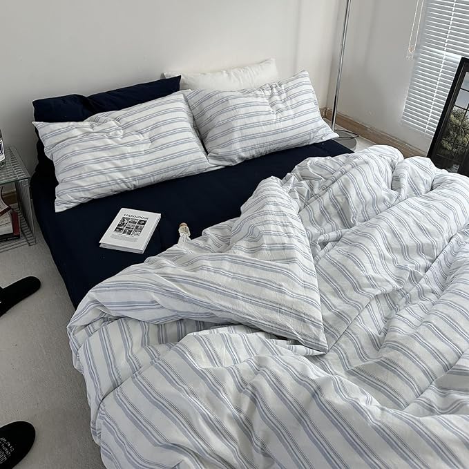 VM VOUGEMARKET Demin Blue Striped Comforter Set Full Ticking Stripe Neutral Farmhouse Bedding Set with 2 Pillowcases Lightweight Luxury Comforter for Boys Men