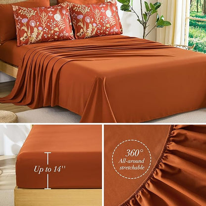 Yiran King Size Comforter Set 7 Piece,Burnt Orange Floral Bedding Set, Lightweight Bed in a Bag King with Botanical Flowers Spring, Soft Warm Terracotta Comforters with Sheets Complete for All Season