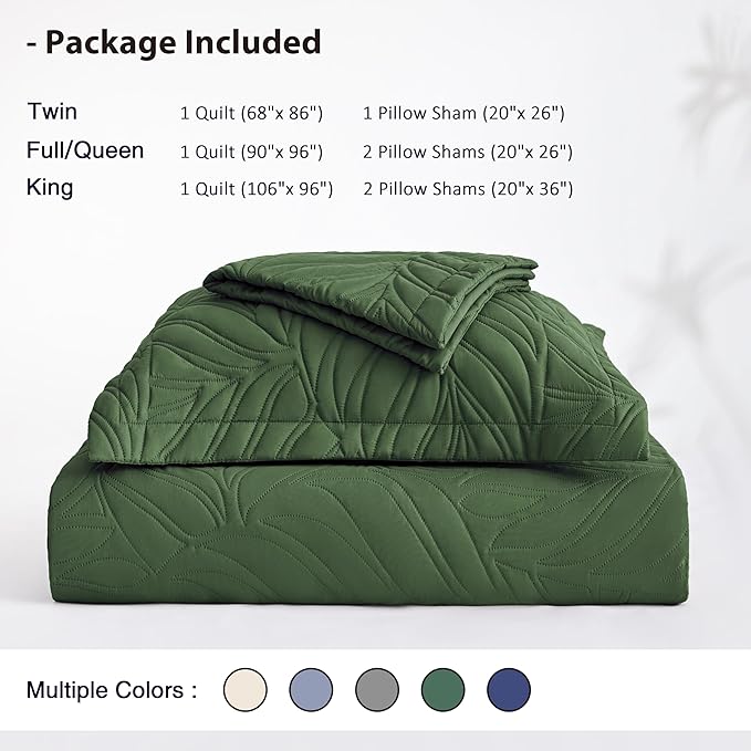 EXQ Home Quilt Set Twin Size Olive Green 2 Piece,Lightweight Soft Coverlet Modern Style Leaf Pattern Bedspread Set(1 Quilt,1 Pillow Sham)