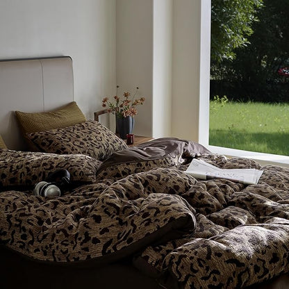 mixinni Leopard Duvet Cover Full Size Yarn-Dyed Leopard Print Jacquard Cotton Duvet Cover Set-Vintage Floral Pattern Bedding Set with Pillowcases Perfect for Him and Her-(Full Size, Brown)