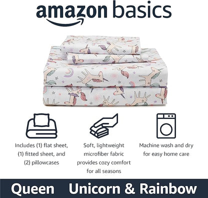 Amazon Basics Kid's Soft Easy-Wash Lightweight Microfiber 4-Piece Sheet Set, Queen, Unicorn and Rainbow