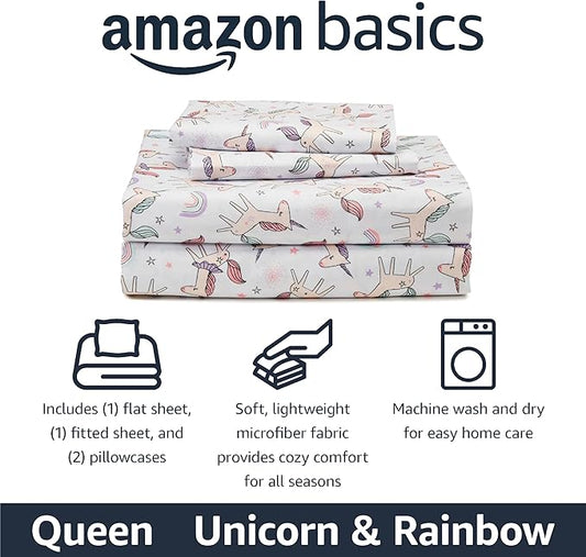 Amazon Basics Kid's Soft Easy-Wash Lightweight Microfiber 4-Piece Sheet Set, Queen, Unicorn and Rainbow