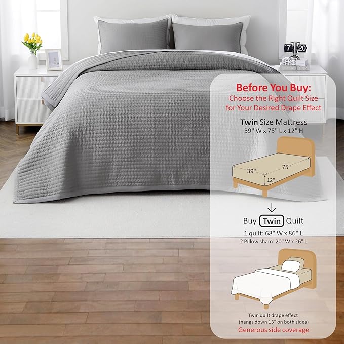 Twin Quilt Set – 68"x86" Soft Washed 3-Layer Lightweight Bedspread with Multi-Lock Quilting, Minimalist Nordic Bedding, All-Season Quilt for Spring, Summer & Fall (1 Quilt + 2 Pillow Shams), Grey