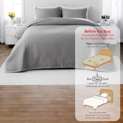 Twin Quilt Set – 68"x86" Soft Washed 3-Layer Lightweight Bedspread with Multi-Lock Quilting, Minimalist Nordic Bedding, All-Season Quilt for Spring, Summer & Fall (1 Quilt + 2 Pillow Shams), Grey