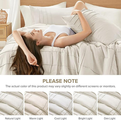 Comfort Spaces Neutral Full Size Comforter Set - 3 Pieces Pintuck Pleated Bedding Sets, All Season Lightweight, Extra Softness Pre-Washed Microfiber Full Bed Set, Shams, Full