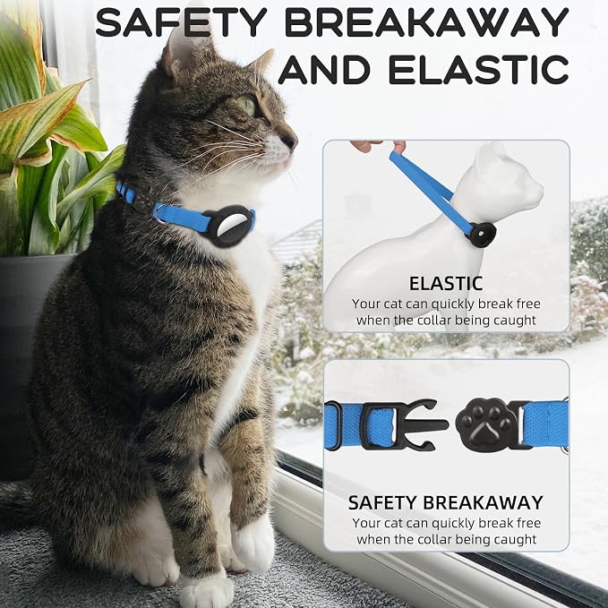 AirTag Cat Collars, Stretchy Collar with AirTag Holder and Bell | Breakaway - Ultra Design Elastic - GPS Tracking Collars - Adjustable Size for Cats & Puppies 7.5-12.5" - (Sapphire Blue)