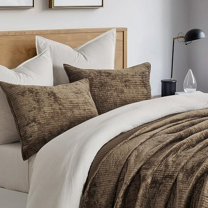 EVERGRACE Velvet Quilt Set King Size, Luxurious Soft Quilted Bedding Sets, Lightweight Velvet Comforter for All Season, Striped Channel Bedspread Coverlet with 2 Shams, Mushroom Brown