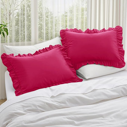 KKJIAF Ruffle Pillow Cases King Size Set of 2, Ruffled Pillow Covers with Envelope Closure, Wrinkle Resistant Ruffled Pillow Shams 20" x 36", Hot Pink