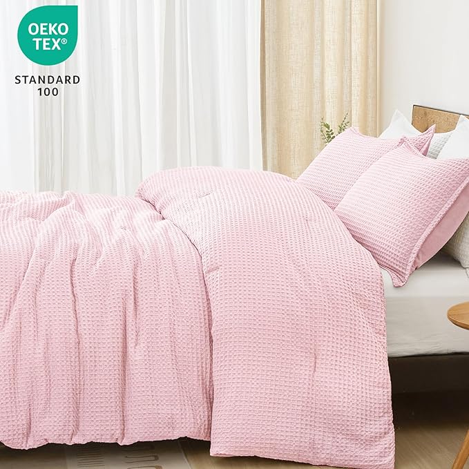PHF Ultra Soft Waffle Weave Comforter Set King Size, 3 Pieces Lightweight Breathable Comfy Bedding Set, Comfy Textured 1 Comforter with 2 Pillow Shams, Pink