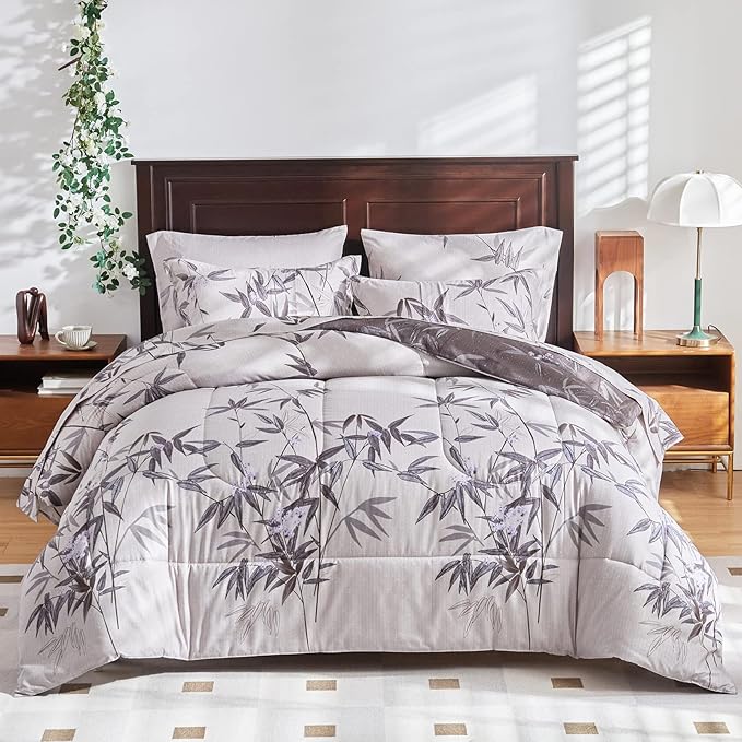 6 Piece Bed in a Bag Twin Comforter Set with Sheets, Black Leaves Botanical Design Lightweight Bedding Sets for Kids (1 Comforter, 2 Pillow Shams, 1 Flat Sheet, 1 Fitted Sheet, 1 Pillowcases)