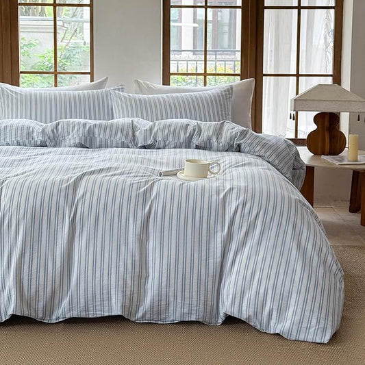 Striped Duvet Cover Set 100% Washed Cotton Linen Like Soft Feelling Breathable Bedding(White/Cornflower Blue Strip,King)