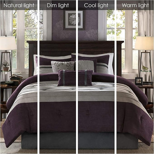 Madison Park Palmer Comforter Set - Faux Suede Design, Striped Accent, All Season Bedding, Shams, Decorative Pillow, Bed Skirt, Queen (90 in x 90 in), Purple 7 Piece