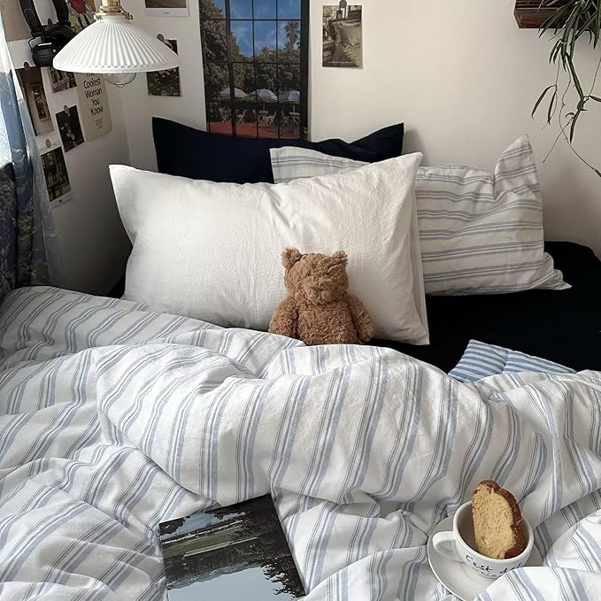 MKXI Full Size Duvet Cover Set - 100% Washed Cotton Blue & White Striped Bedding, Soft & Breathable 3-Piece Set with Zipper Closure & Corner Ties, Modern Coastal Vintage Style