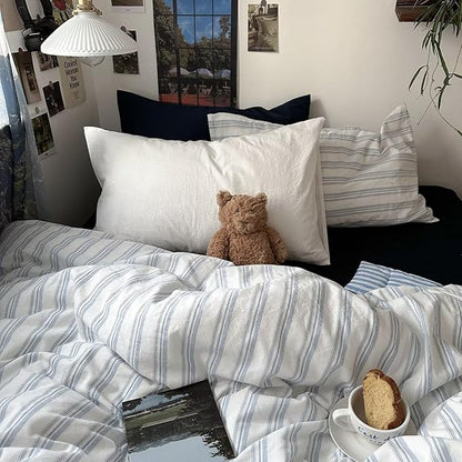 MKXI Queen Size Duvet Cover Set - 100% Washed Cotton Blue & White Striped Bedding, Soft & Breathable 3-Piece Set with Zipper Closure & Corner Ties, Modern Coastal Vintage Style