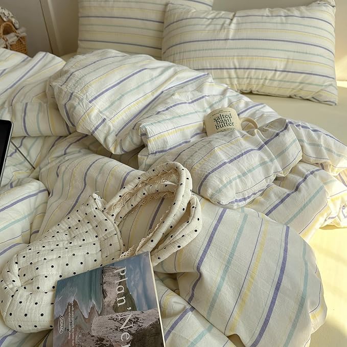 EAVD Vintage Colorful Striped Comforter Set King Soft Cotton 3-Piece Retro Vertical Striped Bedding Set with 2 Pillowcases Boho Geometric Comforter Set for All-Season(Purple&Yellow&Blue, King)