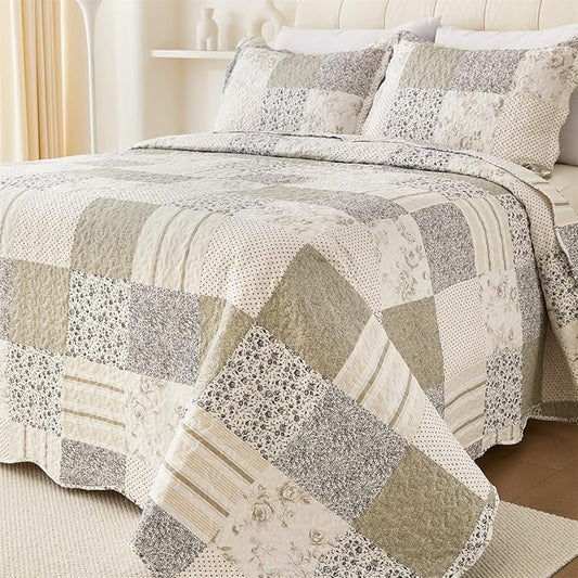 Cmfshape Summer Floral King Quilt Set,Grey Patchwork Quilts King,Reversible Quilted Bedspread with 2 Shams, Vintage Farmhouse Coverlet(Grey, King102 x90)