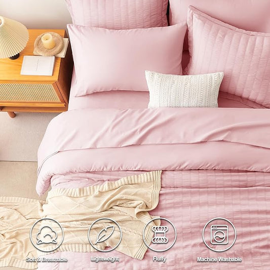 CozyLux Full Size Comforter Sets with Sheets 7 Pieces, Pink Seersucker Bed in a Bag Textured Luxury Soft Bedding Set with Down Alternative Comforter, Sheets, Pillowcases & Shams for All Season