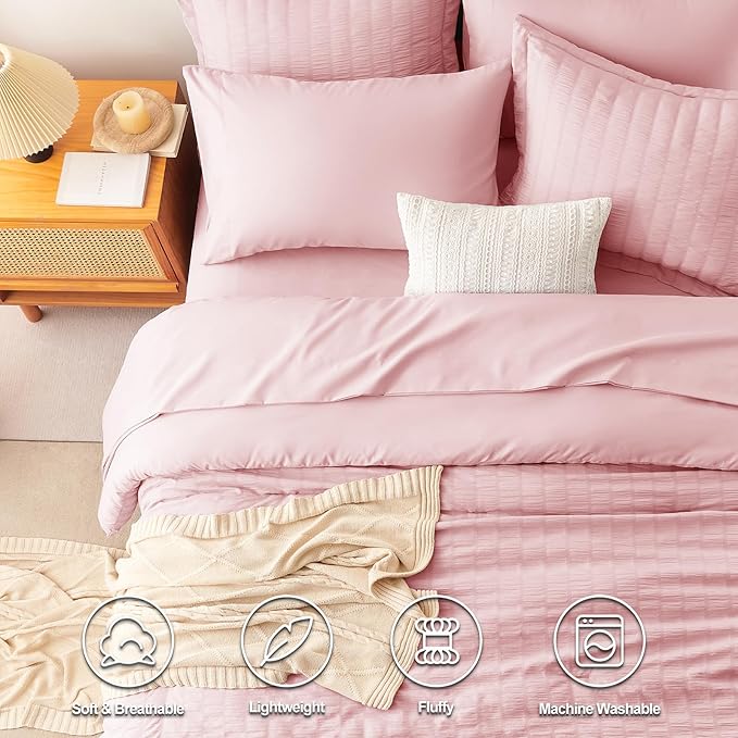 CozyLux Queen Comforter Set Pink Seersucker 7 Pieces Bed in a Bag Queen Comforter Set with Sheets, Luxury Soft Bedding Set with Down Alternative Comforter, Sheets, Pillowcases & Shams for All Seasons