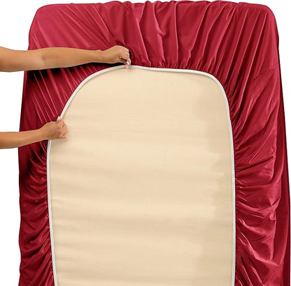 Hearth & Harbor Extra Deep Pocket Sheets - Fits Mattress 18-24 Inches Deep - Extra Deep Pocket Twin Sheets Sets - 4 Piece Twin Size - Burgundy