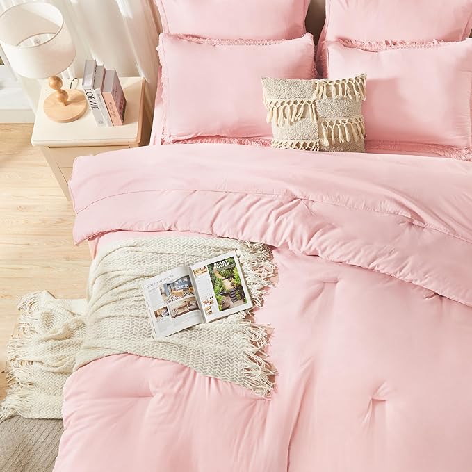 Andency Queen Comforter Set with Sheets Light Pink - 7 Pieces Boho Tassel Bed in a Bag Soft Lightweight Bedding Sets, Fringe Bed Set with Comforter, Sheets, Pillowcases & Shams