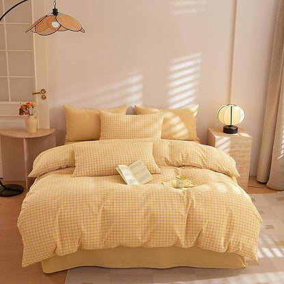 EAVD Vintage Style Yellow Plaid Comforter Set King Soft 100% Washed Cotton Modern Grid Checkered Plaid Bedding Set with 2 Pillowcases Farmhouse Gingham Comforter Set for All-Season