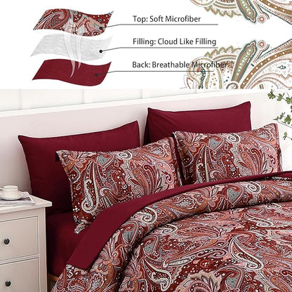 DJY Red Paisley Comforter Set California King Size, 7 Piece Bed in a Bag Boho Paisley Pattern Comforter Set, Soft Lightweight Microfiber Reversible Bedding Set for All Season (106''x96'')