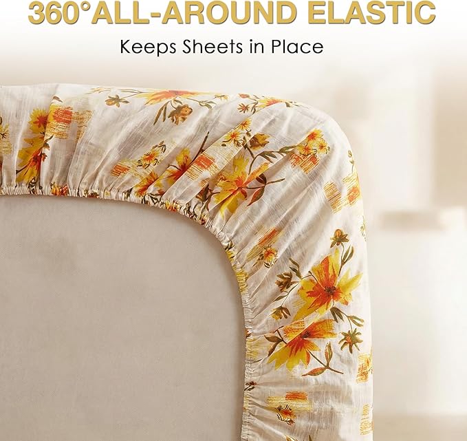 JSD Fall Floral Sheet Set Cal King, 4 Piece Yellow Printed Microfiber Bedding Sheets Extra Deep Pocket