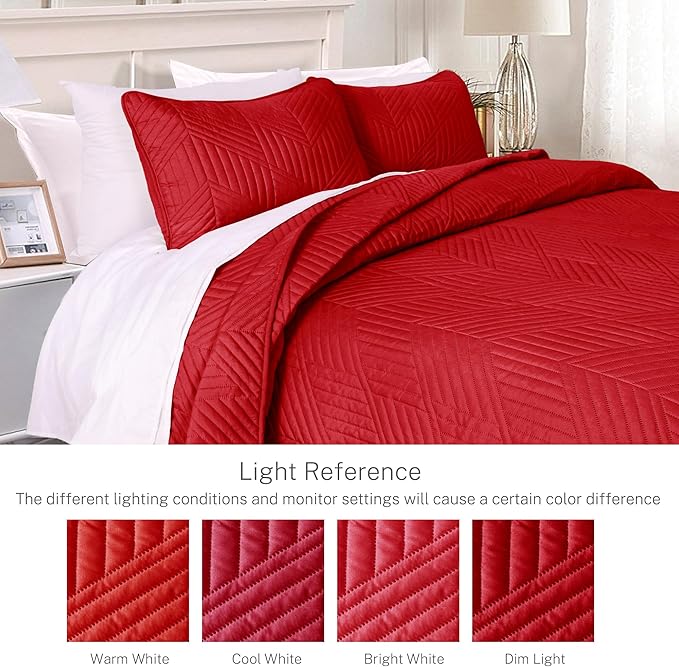 Exclusivo Mezcla Ultrasonic Twin Quilt Bedding Set, Lightweight Red Bedspreads Soft Modern Geometric Coverlet Set for All Seasons (1 Quilt and 1 Pillow Sham)