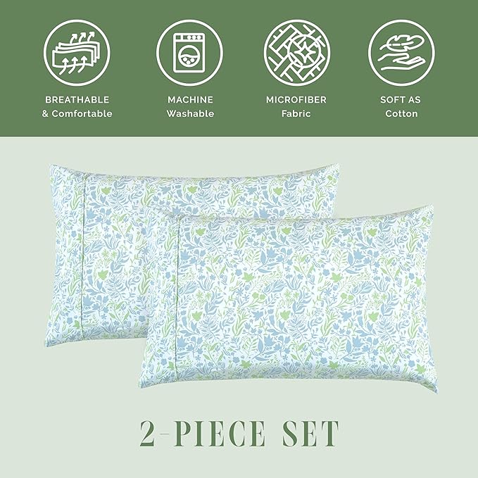 Elegant Comfort Ultra Soft Set of 2 Floral Print Pillowcases - 1500 Premium Hotel Quality Microfiber, Soft and Smooth Envelope Closure 2-Piece Pillow Covers - King, Green Anita