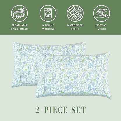 Elegant Comfort Ultra Soft Set of 2 Floral Print Pillowcases - 1500 Premium Hotel Quality Microfiber, Soft and Smooth Envelope Closure 2-Piece Pillow Covers - King, Green Anita