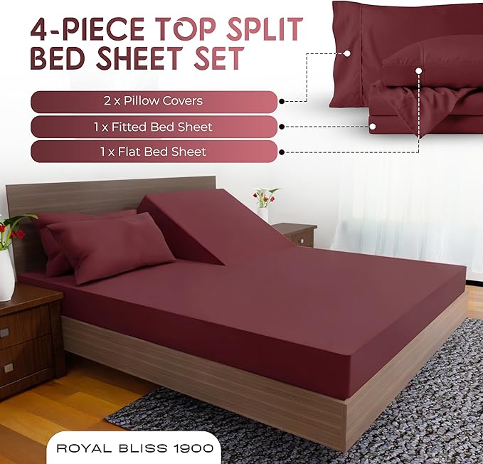 Top Split Flex Head California King Size Sheet Set - Egyptian Quality Ultra-Soft Bed Sheets - Double Brushed - Deep Pockets- Easy Fit - 4 Piece Set- Fade Resistant (Burgundy)