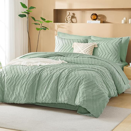 Litanika Sage Green Queen Size Comforter Set with Sheets - 7 Pieces Bed in a Bag Queen Boho Tufted Complete Bedding Sets with Comforter, Sheets, Pillowcases & Shams