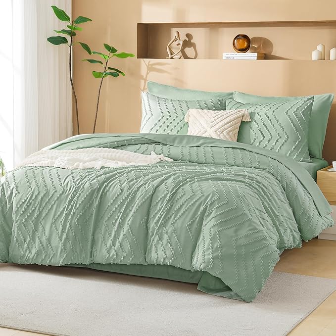 Litanika Super King Plus Size Comforter Set with Sheets Sage Green - 7 Pieces Bed in a Bag Oversized King Boho Tufted Complete Bedding Sets with Comforter, Sheets, Pillowcases & Shams