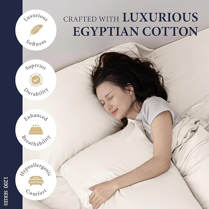 Ashton Sheets 100% Egyptian Cotton Queen Pillow Cases Set of 2 - Luxury 1200 Thread Count Pillow Cases Queen Size (Ivory), Soft, Cooling Hotel Collection Pillowcases, Fits Queen Standard Pillow
