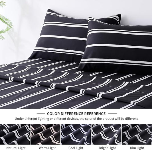 Best Season Stripe Bed Sheets Set,4 Piece Super Soft Microfiber Bedding-Deep Pocket,Ultra Soft,Fade & Wrinkle Resistant(Full Size,Black&White)