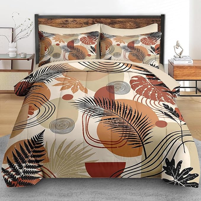 Comforter Set Full Size, Boho Tropical Leaves Beige 7 Pcs Bedding for Kids and Adults, Bohemian Retro Flower Bed Sheet Sets with Fitted Sheet 2 Pillowcase & 2 Sham for Bedroom Bed Decor