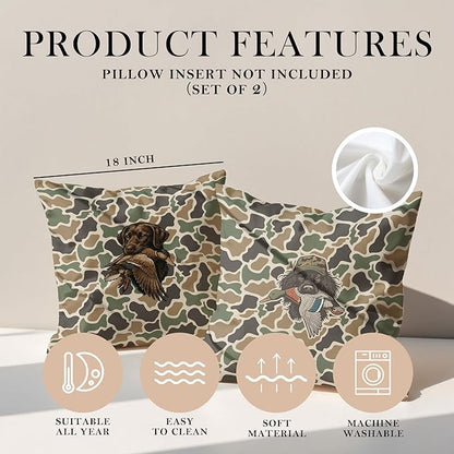 Vintage Camo Labrador Retriever Mallard Duck Throw Pillow Covers 18x18 Set of 2, Dog Hunting Pillowcase, Camouflage Farm Animal Decorative Pillow Covers,Camouflage Wild Animal Decor