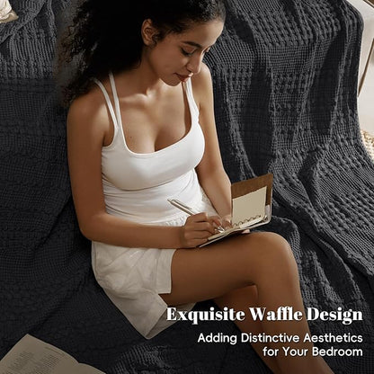 PHF 100% Cotton Waffle Weave Blanket Twin Size for Bed, Soft Lightweight & Breathable for Spring and Summer, All-Season Comfort, Luxury Aesthetic Blanket for Home Decor, 66"x90", Black