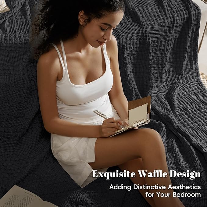 PHF 100% Cotton Waffle Weave Blanket King Size for Bed, Soft Lightweight & Breathable for Spring and Summer, All-Season Comfort, Luxury Aesthetic Blanket for Home Decor, 108"x90", Black