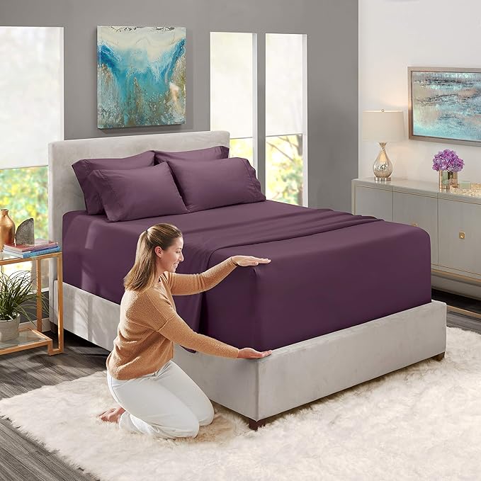 Hearth & Harbor Extra Deep Pocket Sheets - Fits Mattress 18-24 Inches Deep - Extra Deep Pocket Split King Size Sets - 7 Piece Split King Size - Eggplant