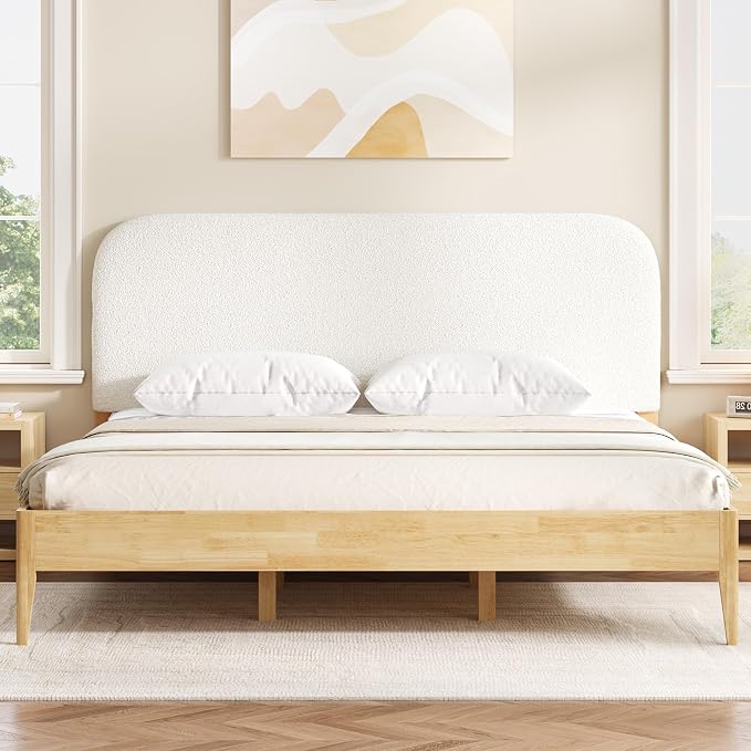 KISLOT Wood Bed Frame with USB & Type-C, Boucle Headboard, Cream, King | Platform Bed, Mattress Foundation, No Box Spring Needed, Easy Assembly