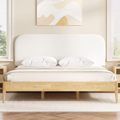 KISLOT Wood Bed Frame with USB & Type-C, Boucle Headboard, Cream, King | Platform Bed, Mattress Foundation, No Box Spring Needed, Easy Assembly