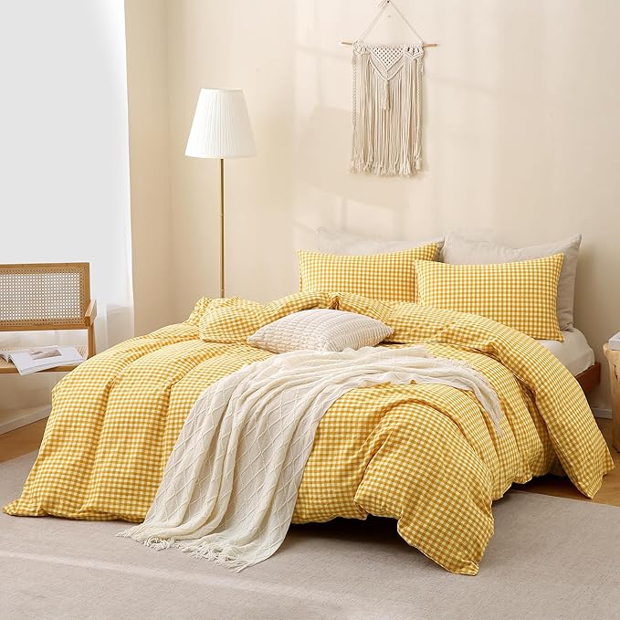 TOCOMOA Yellow Gingham Duvet Cover Bedding Set 100% Washed Cotton Like Linen Feel Super Soft Comfortable 3 Piece Vintage Plaid Checkered Comforter Cover Set (King 104"x90", Comforter Not Included)