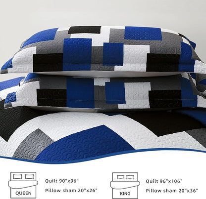 3 Piece Blue White Grey Quilt Set King Size Black White Geometric Reversible Bedding Set Microfiber Lightweight Bedspread Coverlet with 2 Shams Modern Bed Covers for All Season, 106''x96''