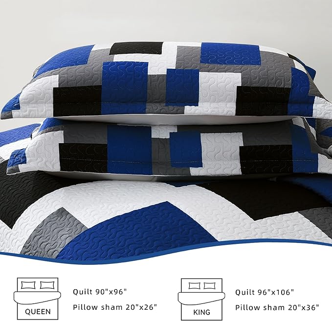 3 Piece Blue White Grey Quilt Set California King Size Black White Geometric Reversible Bedding Set Microfiber Lightweight Bedspread Coverlet with 2 Shams Bed Covers for All Season, 118''x106''