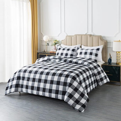 Caressma Buffalo Plaid Comforter Set Queen, Black White Buffalo Plaid Comforter Bedding Set for All Seasons, Classic Gingham Pattern Print Soft Microfiber 3 Pieces Comforter with Pillowcases