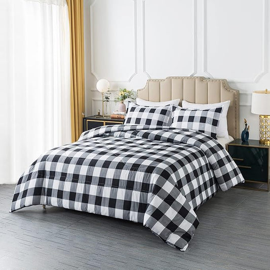 Caressma Plaid Comforter Set Twin - Black White Buffalo Checkered Comforter Bedding Set for All Seasons, Classic Gingham Pattern Soft Microfiber Comforter with Pillowsham