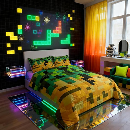 Pixelated Miners Game Kids Bedding Set King Size,Geometric Check Video Games Comforter Set,Gamepad Grid Gaming Quilt Comforter,Green Yellow Bedroom Duvet Insert,2 Pillowcases